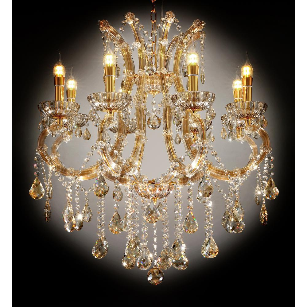 Stylish Chandelier With Glass-Wrapped Arms and Gold Base (27.5"W x 28.5"H)