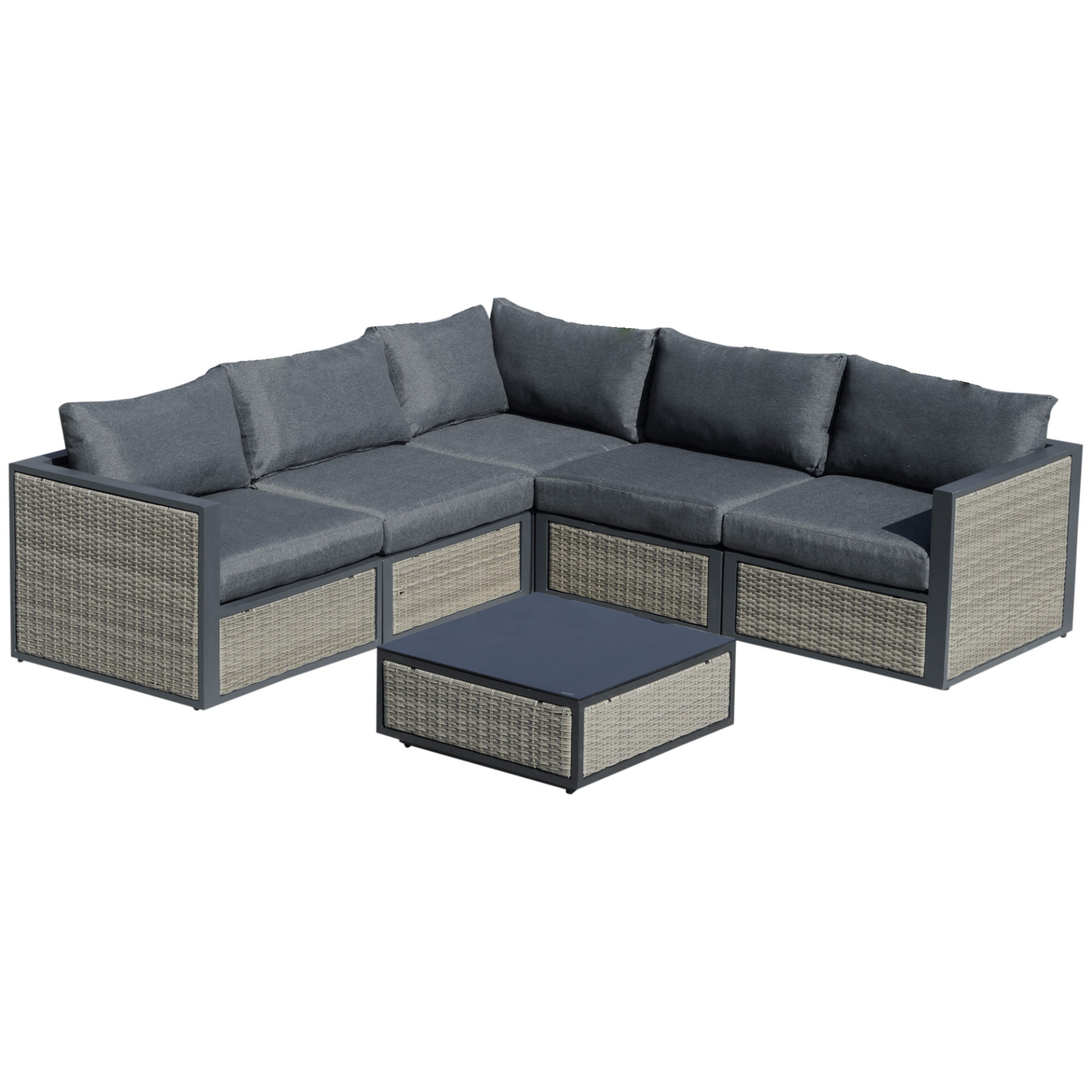 Grey - 6-Piece Outdoor Cozy Wicker Rattan Design Sofa With Coffee Table & Soft Padded Cushions