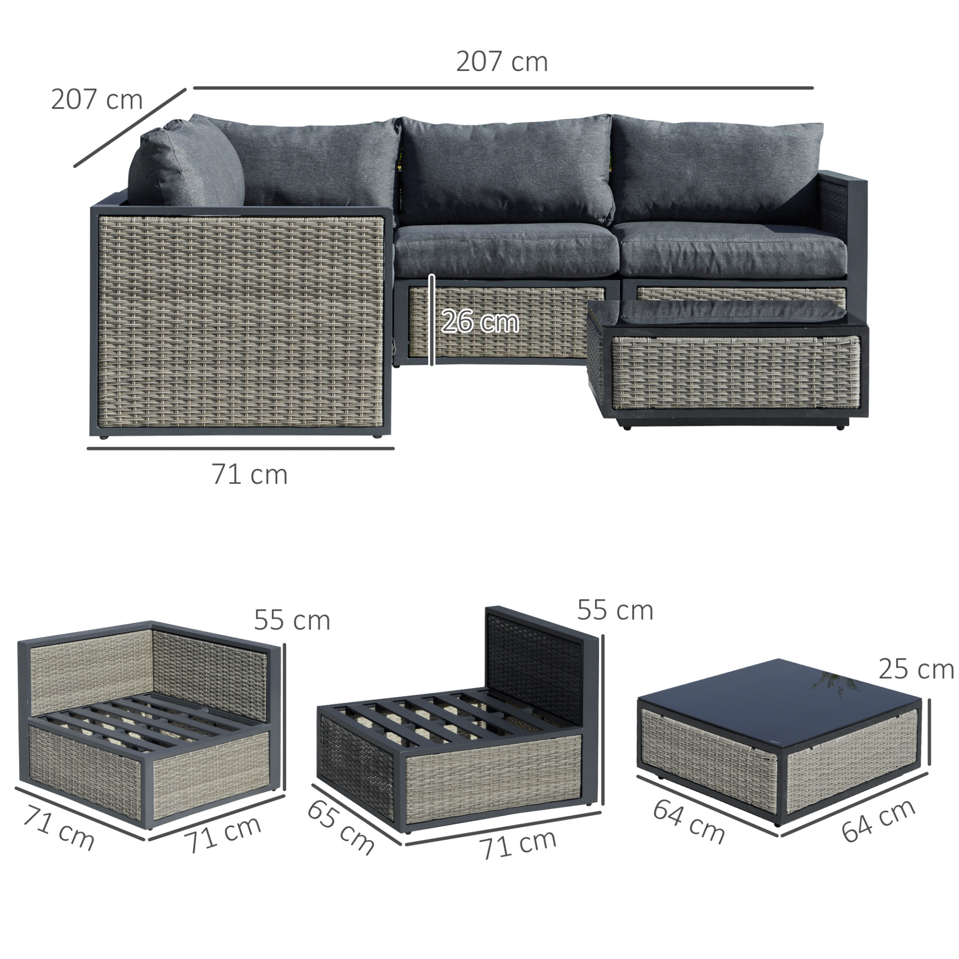 Grey - 6-Piece Outdoor Cozy Wicker Rattan Design Sofa With Coffee Table & Soft Padded Cushions