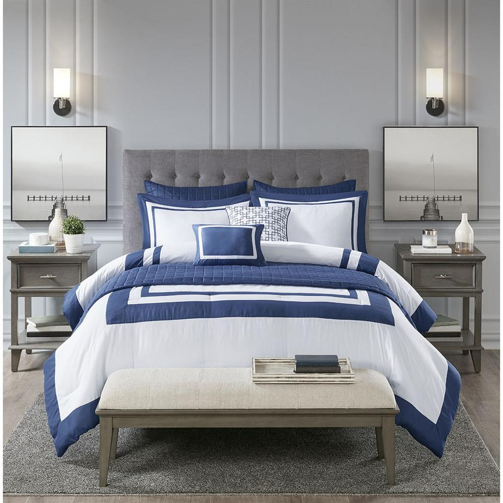 Navy & White - Luxurious Hotel Style Microfiber Comforter Set (8 Piece) King/Cal King