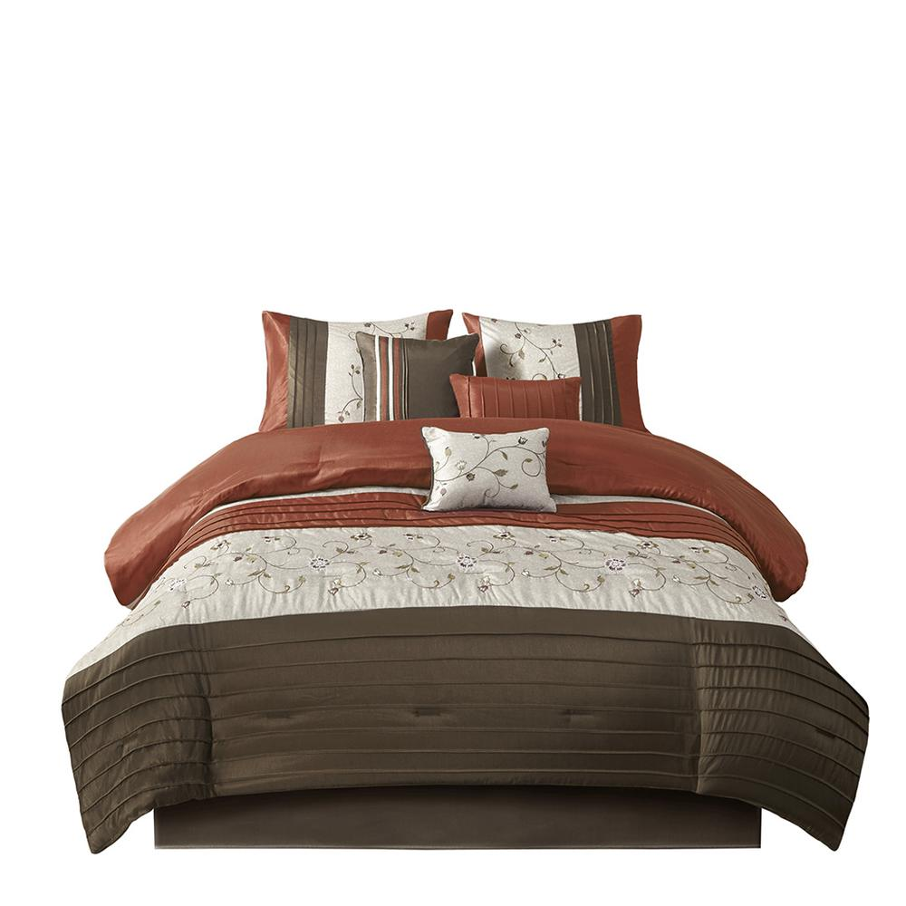 Rust, Ivory & Chocolate Brown - Serene Embroidered Comforter Set (7 Piece) King/Cal King