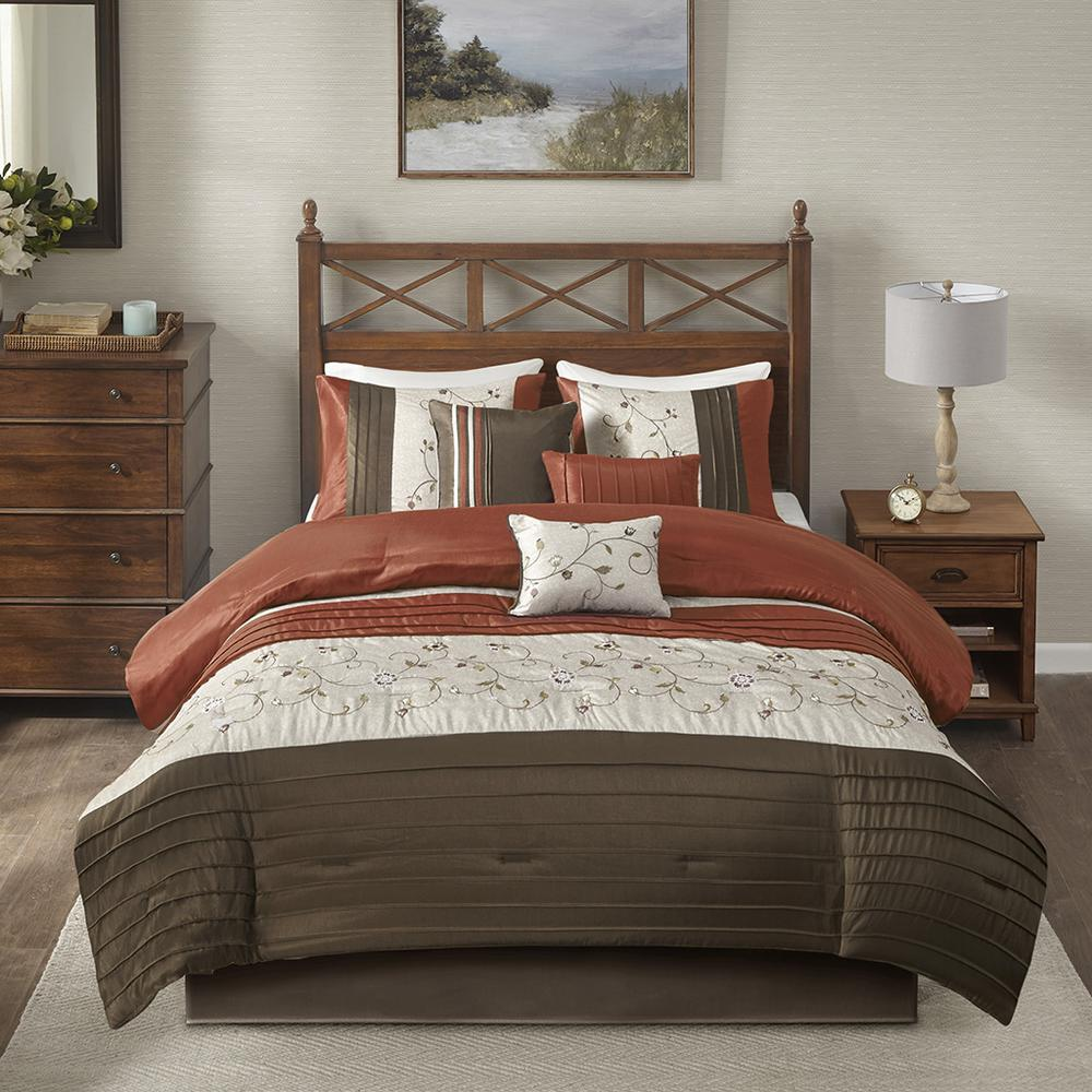 Rust, Ivory & Chocolate Brown - Serene Embroidered Comforter Set (7 Piece) King/Cal King