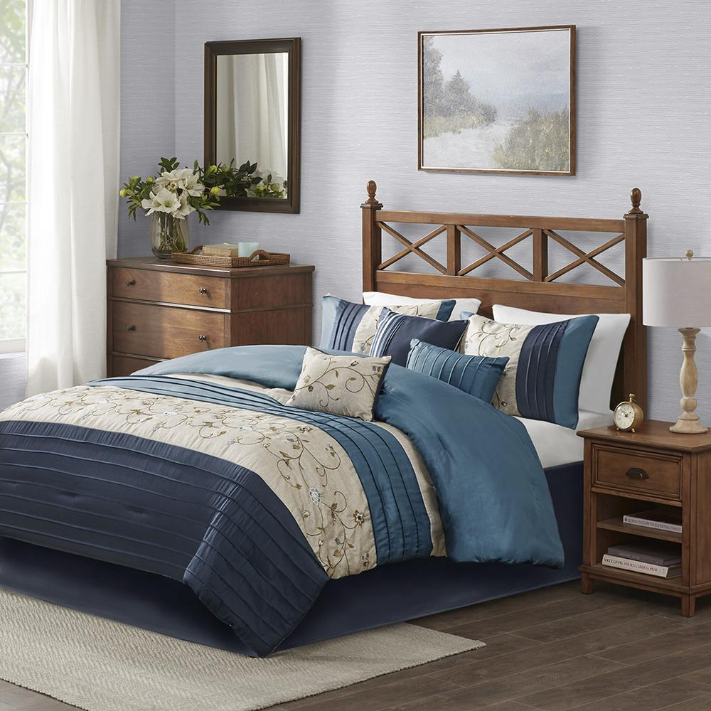 Dusty Blue, Navy & Taupe - Serene Embroidered Comforter Set (7 Piece) Cal King