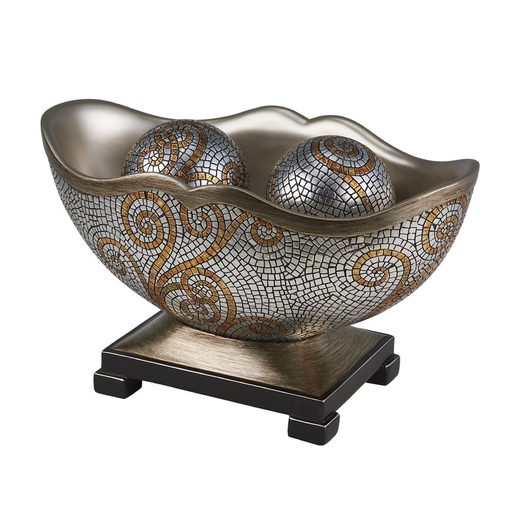 Golden Swirls Mosaic Decorative Bowl With Two Spheres (14" x 11")