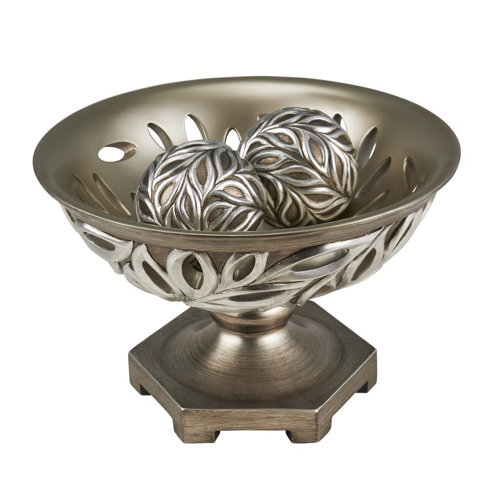 Gleaming Silver Leaf Decorative Bowl With Two Spheres (13" x 9")