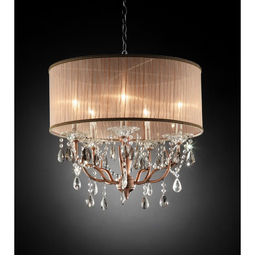 Elegant Hanging Chandelier With Rose Gold Sheer Shade & Crystal Accents (22.0"W x 24.5"H)