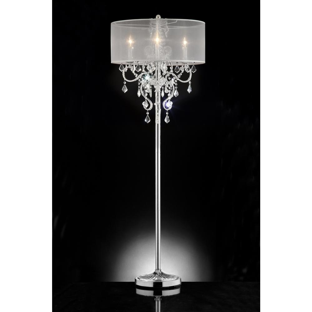 Lavish Metal Base Floor Lamp With White Sheer Shade & Crystal Accents (63"H)