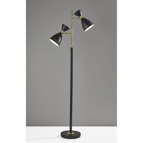 Black & Antique Brass - Mid-Century Inspired Two Light Floor Lamp (68"H)