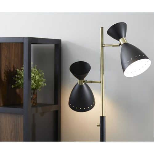 Black & Antique Brass - Mid-Century Inspired Two Light Floor Lamp (68"H)
