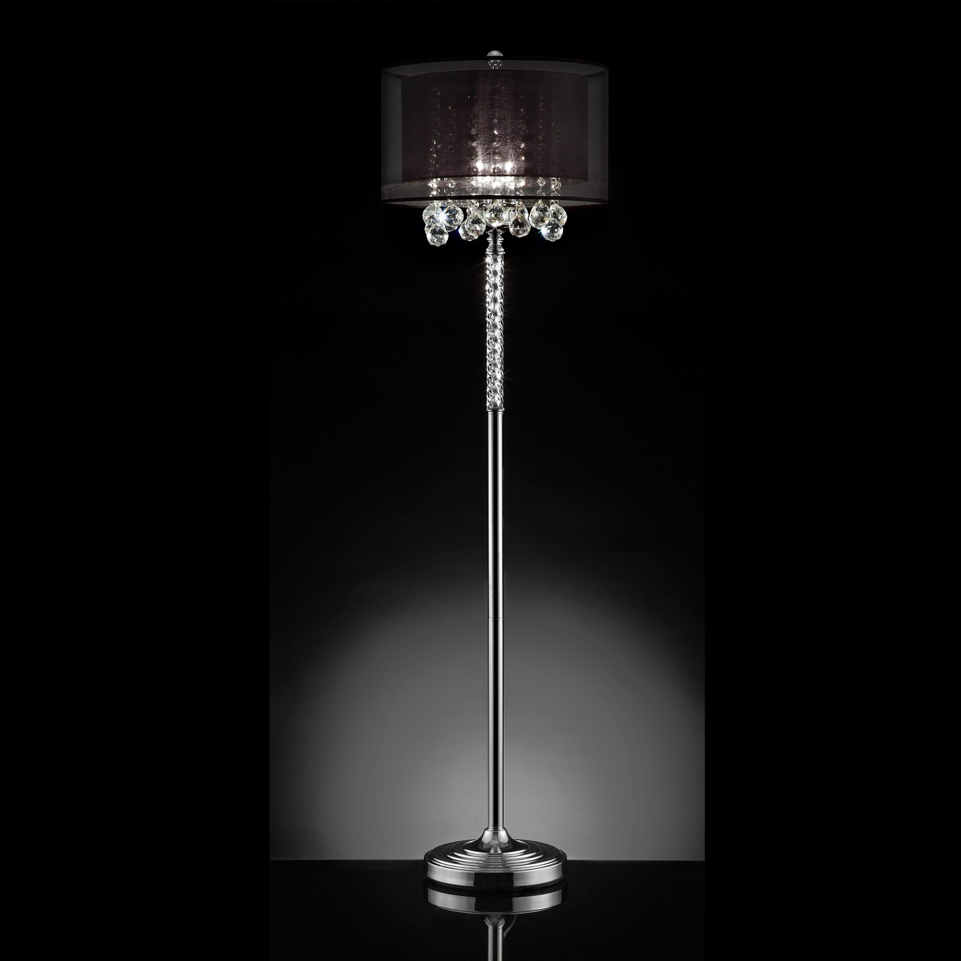 Sleek Three Light Candelabra Floor Lamp with Black Shade & Crystal Accents (62.5"H)