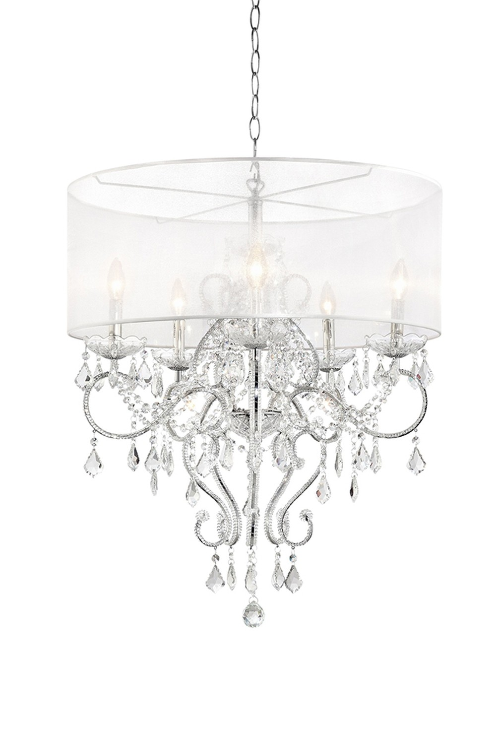 Elegant Hanging Chandelier With White/Ivory Sheer Shade & Crystal Accents (26.0"W x 31.5"H)