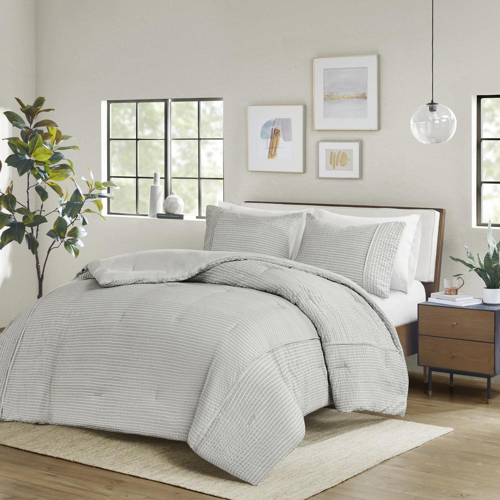 Grey With Ivory Stripes - Soothing Seersucker Comforter Set (3 Piece) King/Cal King