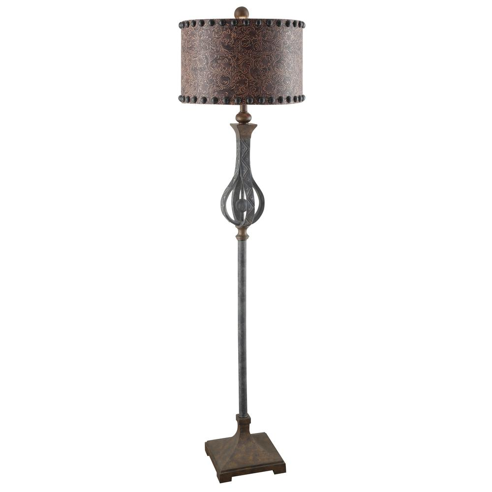 Elegant Antique Iron Tone Floor Lamp With Brown Embossed Leather Shade (65.5"H)