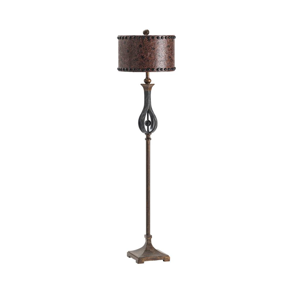 Elegant Antique Iron Tone Floor Lamp With Brown Embossed Leather Shade (65.5"H)