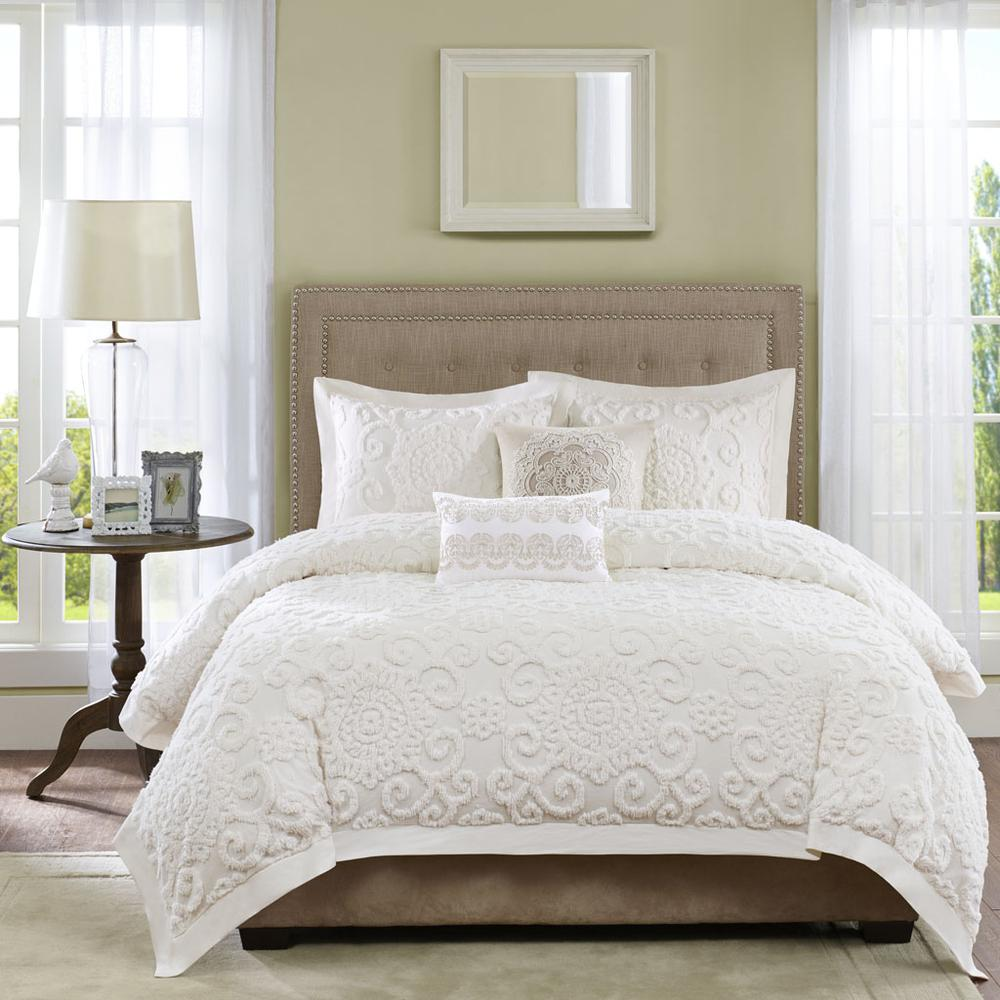 Plush White - Elegant Tufted 3- Dimensional Chenille Embroidery Comforter Set (3 Piece) Full/Queen