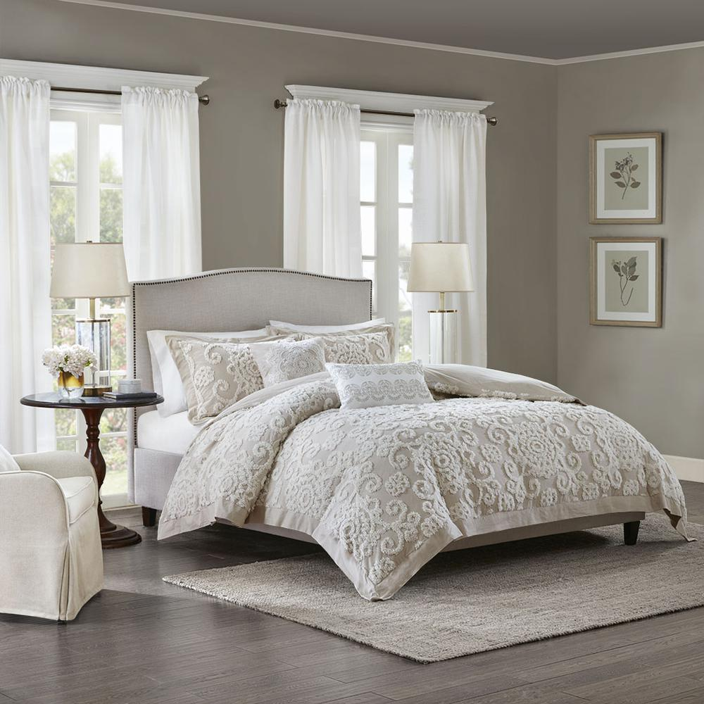 Taupe - Elegant Tufted 3- Dimensional Chenille Embroidery Comforter Set (3 Piece) Full/Queen