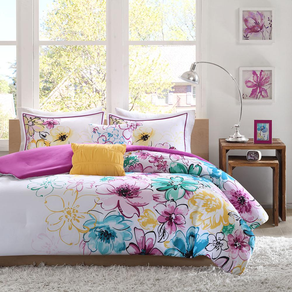 Fuchsia, Yellow & Blue - Vibrant Floral Comforter Set (5 Piece) Twin/Twin XL