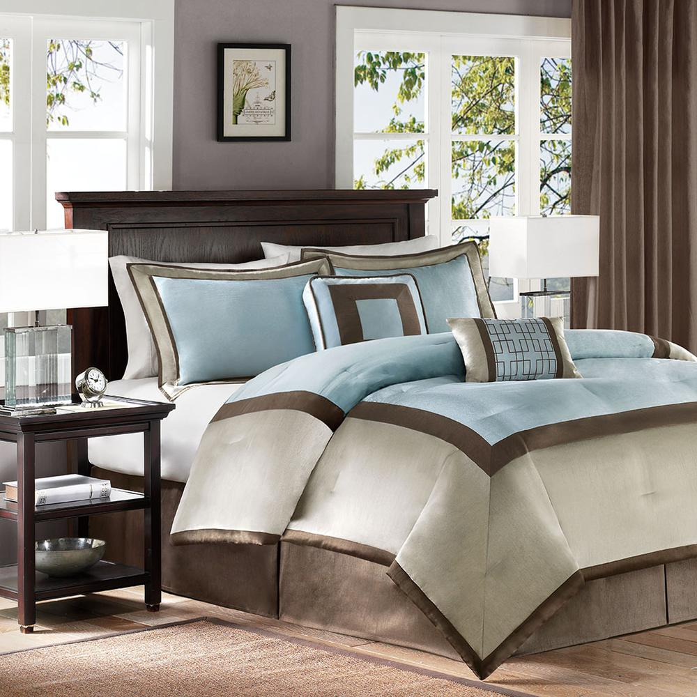 Soothing Brown, Taupe & Blue - Trendy Elegant Comforter Set (7 Piece) Queen
