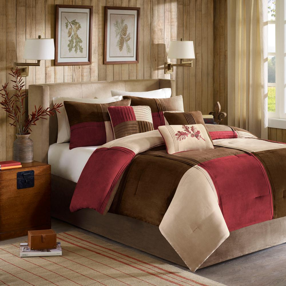 Deep Red, Taupe, Chocolate & Ivory - Chic Microsuede Comforter (7 Piece) Queen