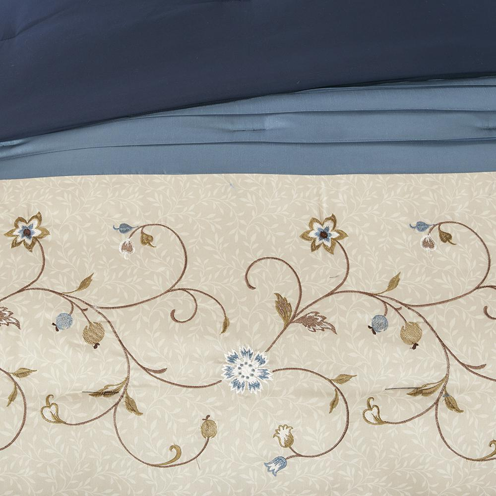 Dusty Blue, Navy & Taupe - Serene Embroidered Comforter Set (7 Piece) King