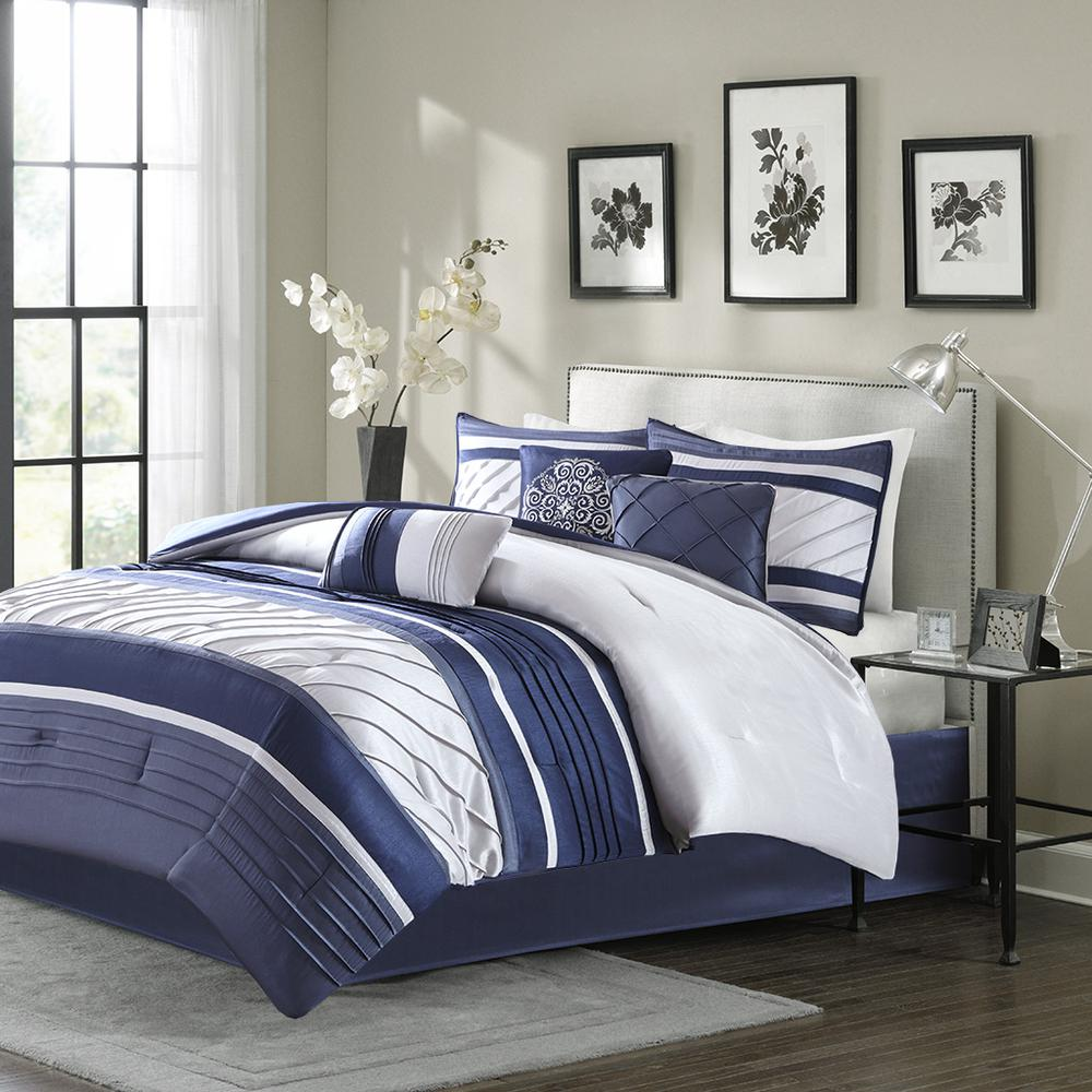 Dusty Blue, Navy & Grey - Sleek Textured Block Pattern Comforter Set (7 Piece) King