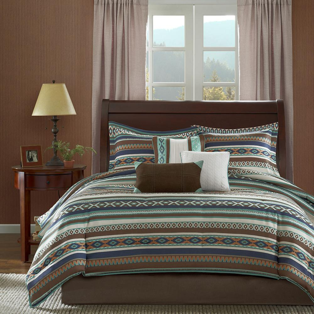 Rich Blue, Chocolate & Ivory - Lively Geometric Pattern Comforter Set (7 Piece) King