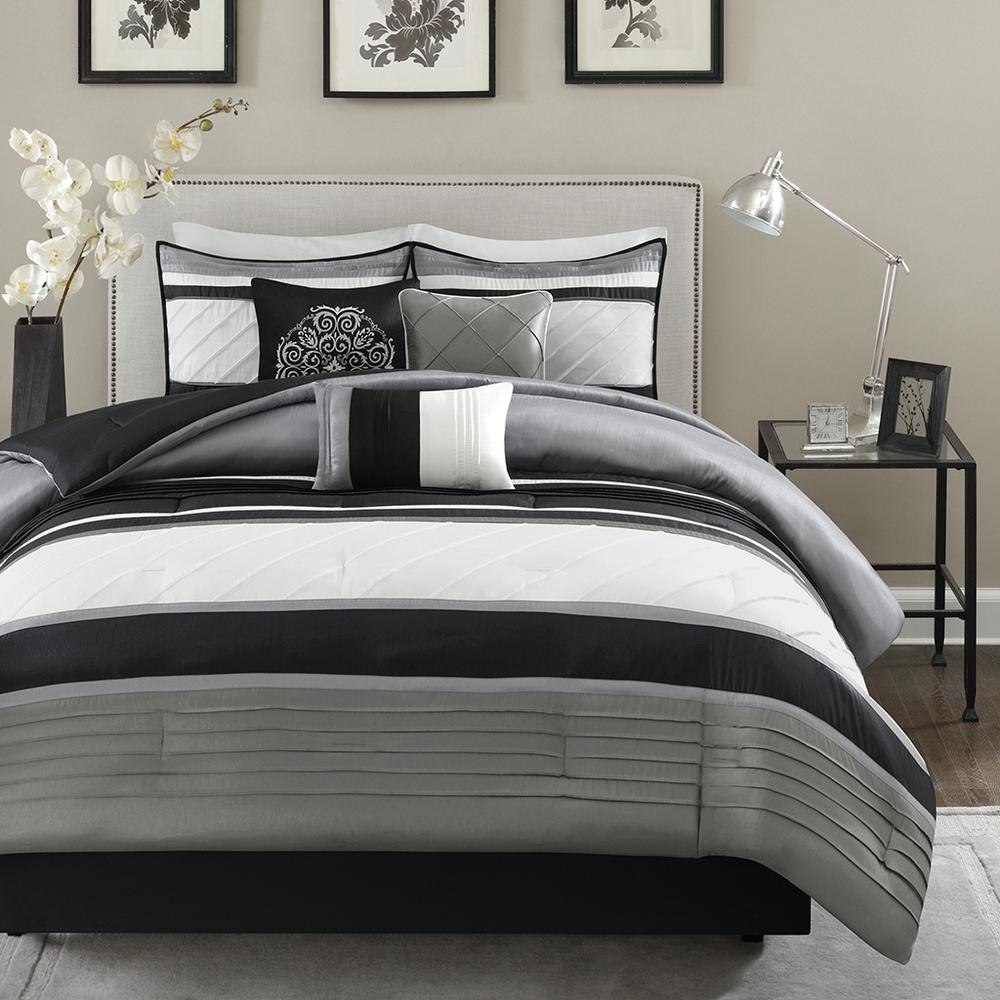 Ivory, Black & Grey - Sleek Textured Block Pattern Comforter Set (7 Piece) Queen