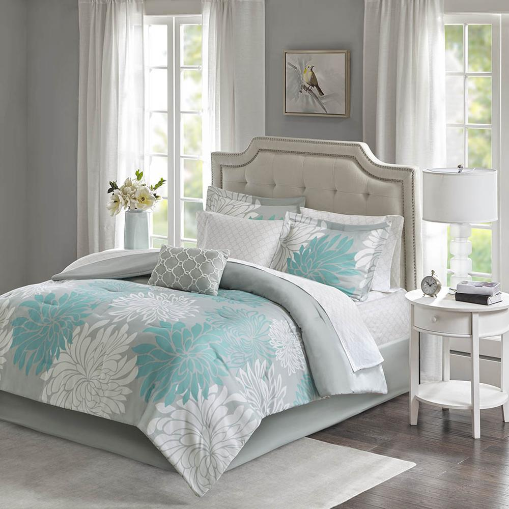 Aqua & Grey - Floral Ultra-Soft Microfiber Comforter Set (9 Pieces) King