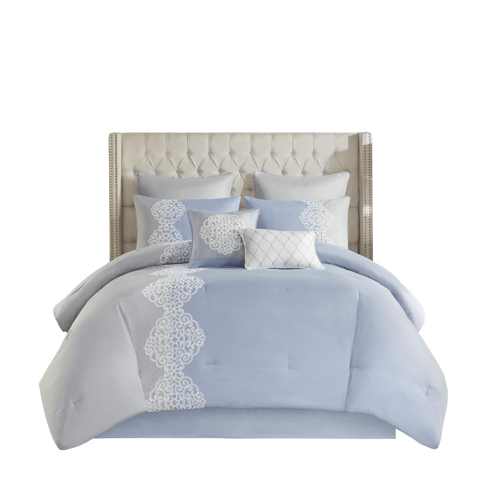 Soft Blue & Grey - Exquisite Luxury Embroidered Microfiber Comforter Set (8 Piece) Cal King