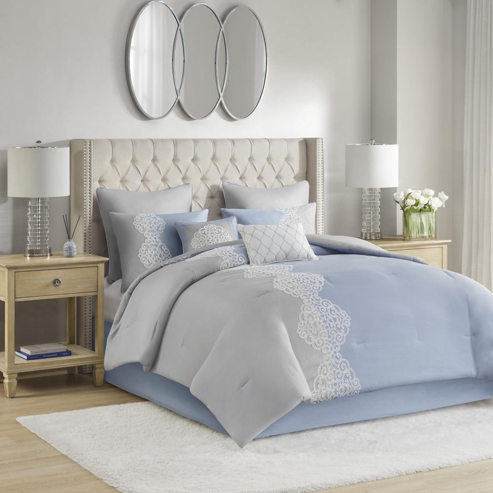 Soft Blue & Grey - Exquisite Luxury Embroidered Microfiber Comforter Set (8 Piece) Cal King