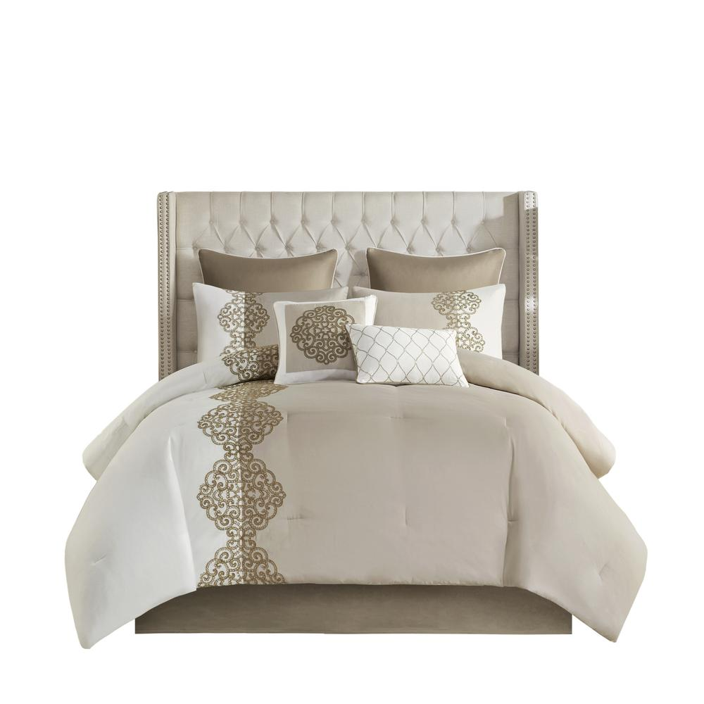 Tan & Off White - Exquisite Luxury Embroidered Microfiber Comforter Set (8 Piece) Cal King