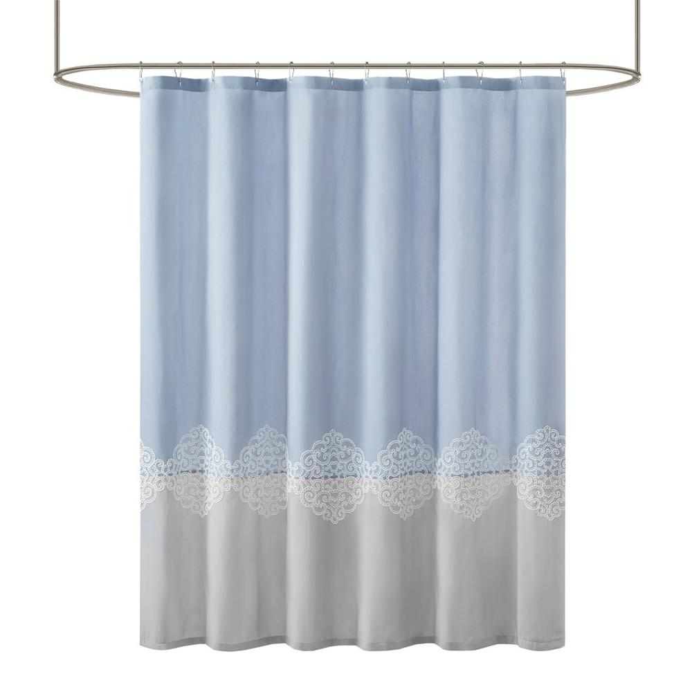 Light Blue & Grey - Delicate Embroidery Microfiber Shower Curtain - Antibacterial (72"x72")