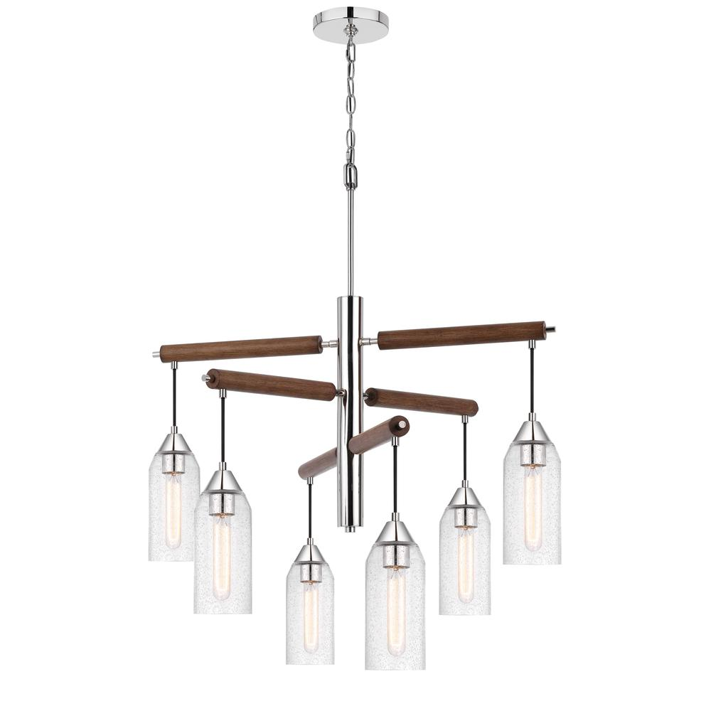 Six-Light Hanging Chandelier With Wooden Accents (32.0"W x 38.0"H)