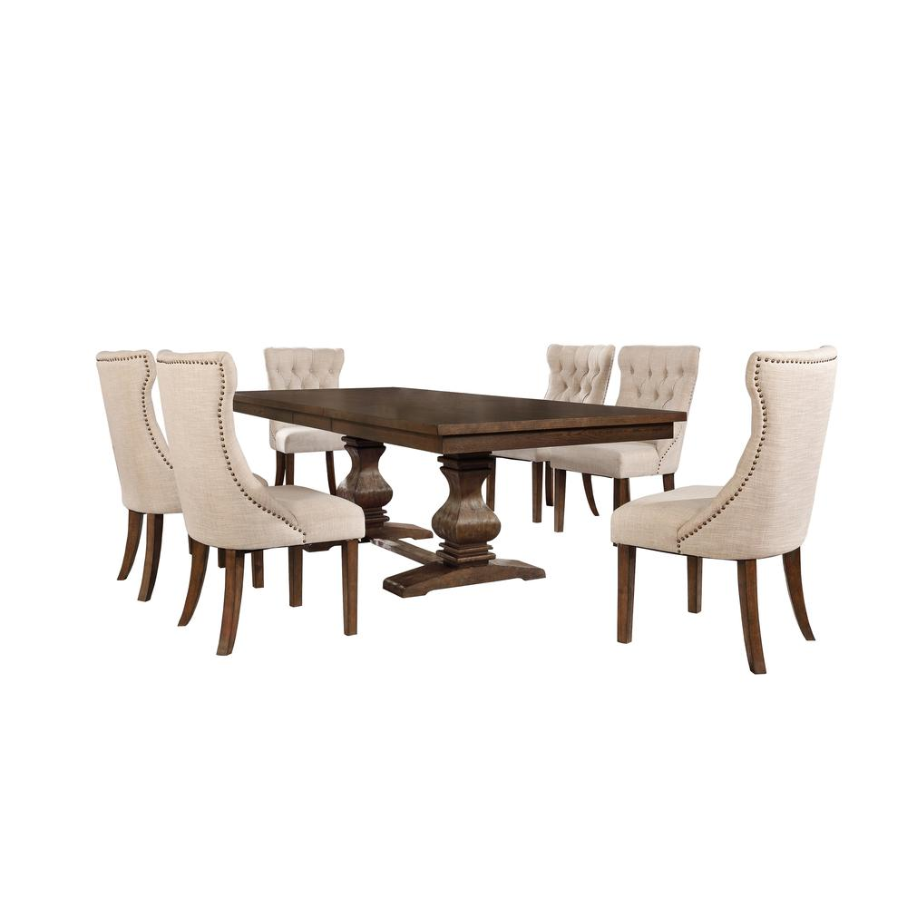 Beige/Walnut - Vintage Charm Dining Set With Extendable Table 18" Leaf (Table & Chairs) 7 Pc