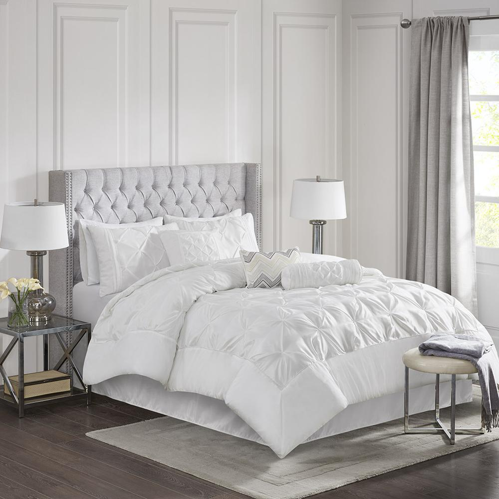 White - Elegant Pleated Design Comforter Set (7 Piece) Queen