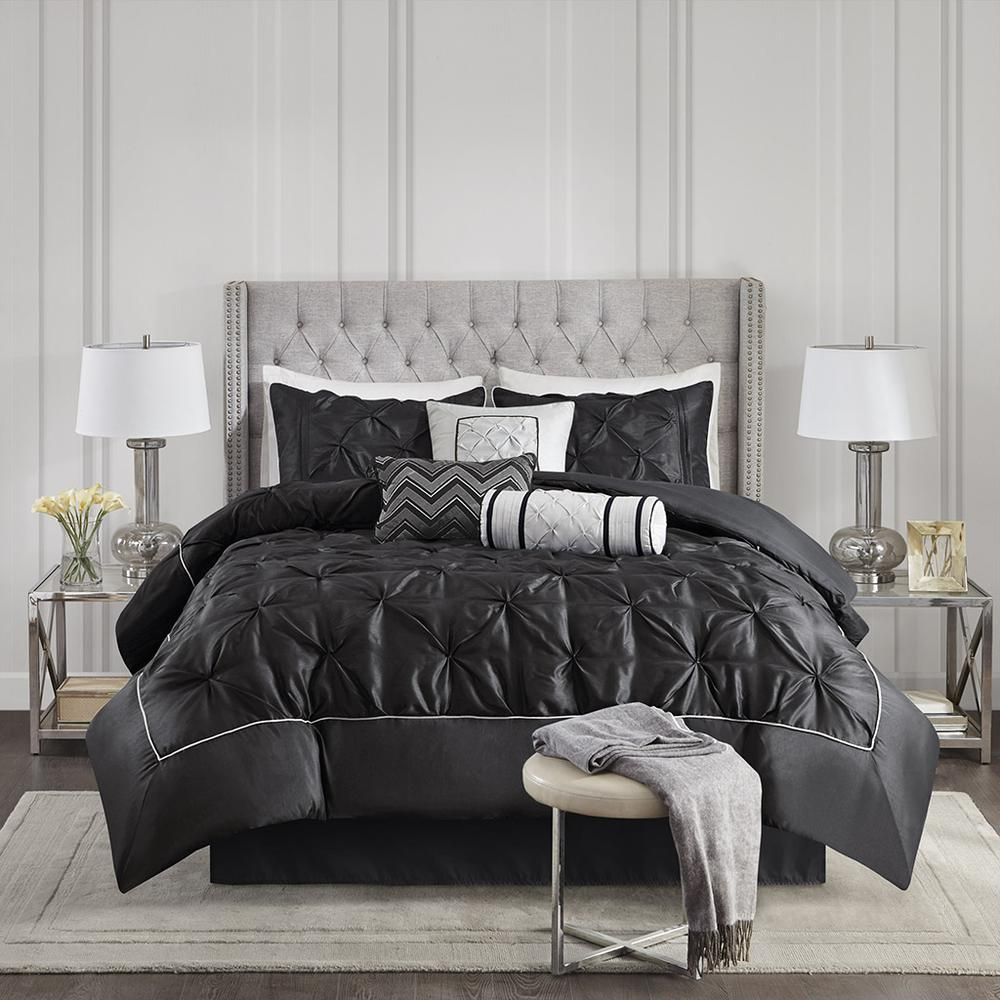 Rich Black - Elegant Pleated Design Comforter Set (7 Piece) Queen