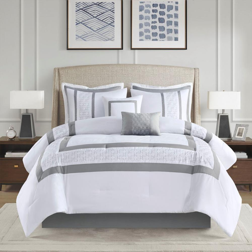 Grey & White - Contemporary Microfiber Comforter Set (8 Piece) Cal King