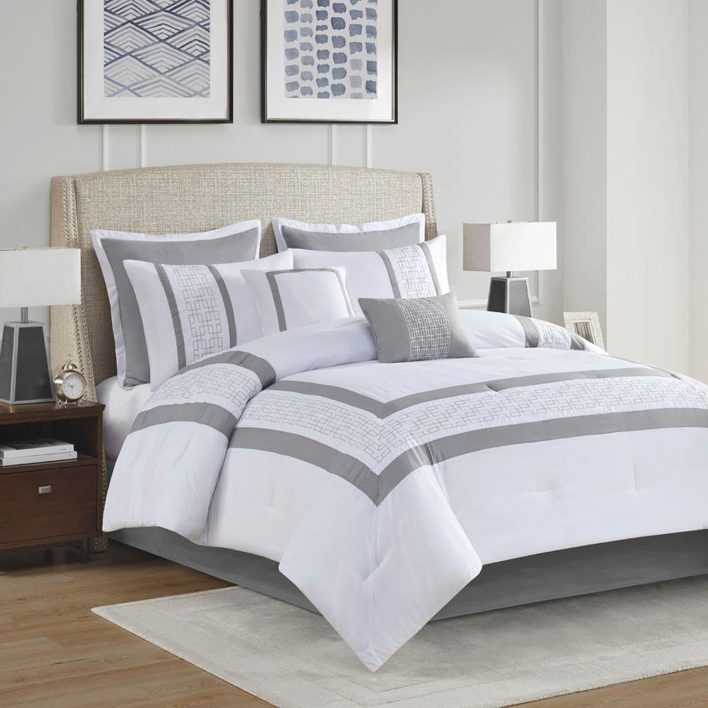White & Grey - Pure Elegance Embroidered Comforter Set (8 Piece) King