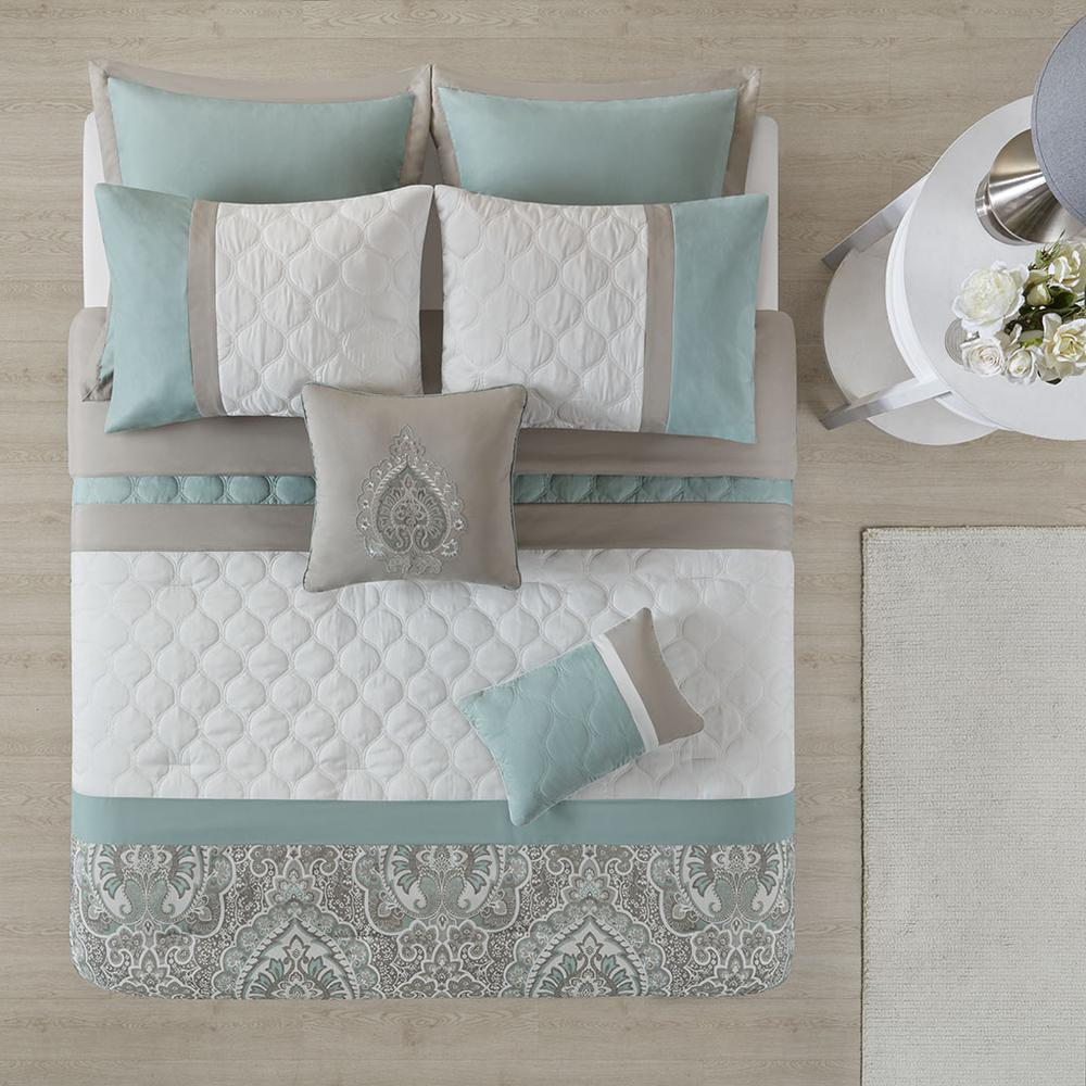 Seafoam & Brown - Timeless Embroidery Design Comforter Set (8 Piece) Cal King