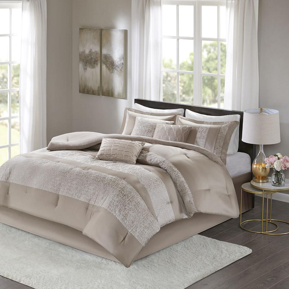 Taupe - Stunning Chenille Jacquard Comforter Set (7 Piece) Queen