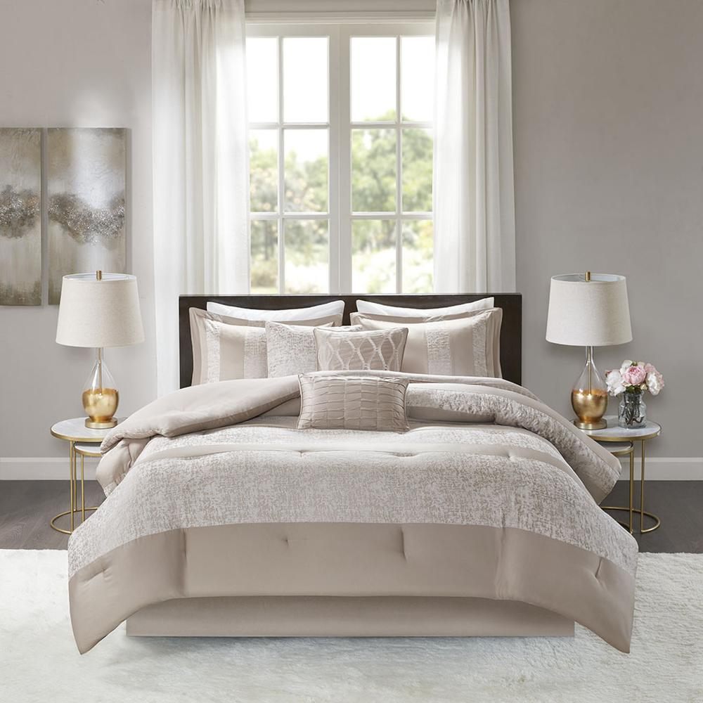 Taupe - Stunning Chenille Jacquard Comforter Set (7 Piece) Queen