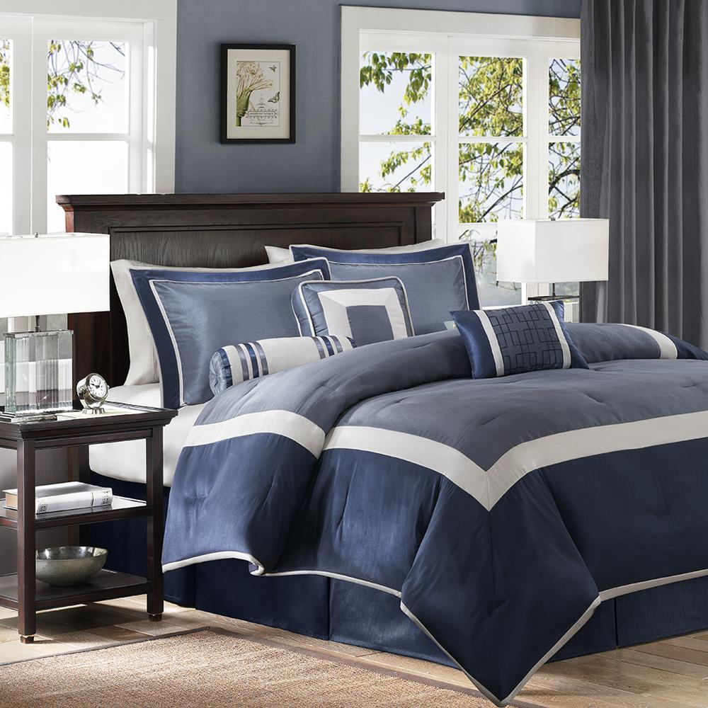Navy, Silver & Blue-grey - Trendy Elegant Comforter Set (7 Piece) King