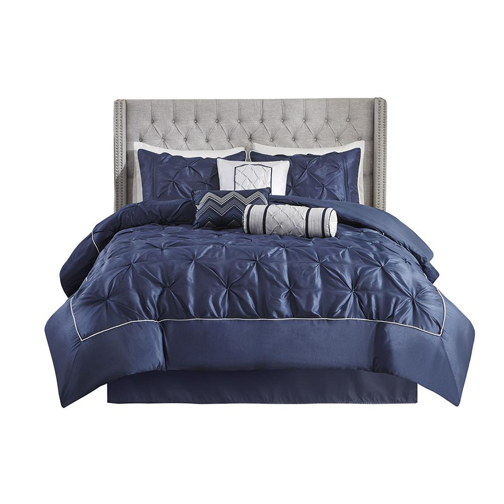 Navy - Elegant Pleated Design Comforter Set (7 Piece) King