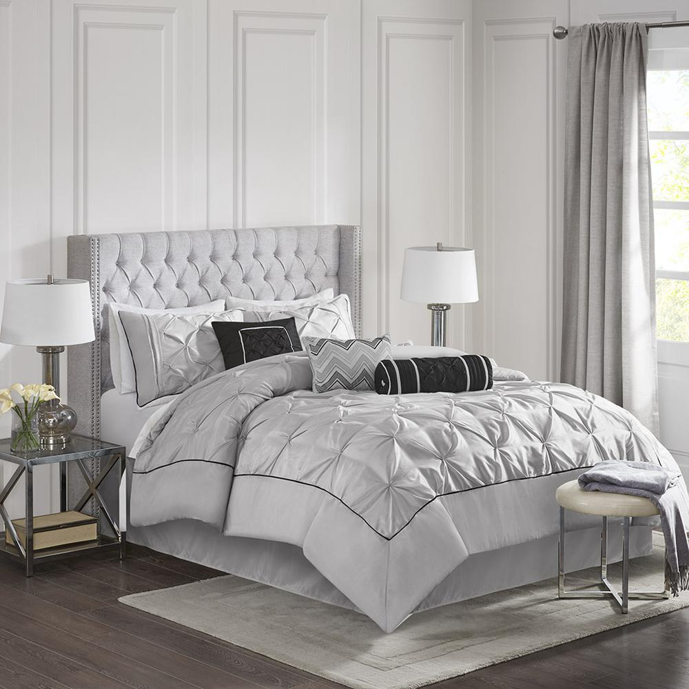 Grey - Elegant Pleated Design Comforter Set (7 Piece) Queen