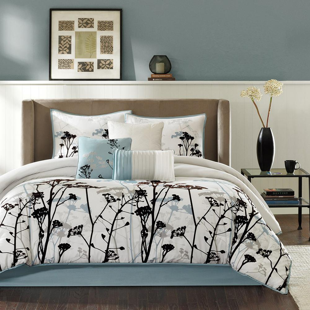 Cream, Soft Blue & Black - Stunning 3-Dimensional Effect Comforter Set (7 Piece) Cal King