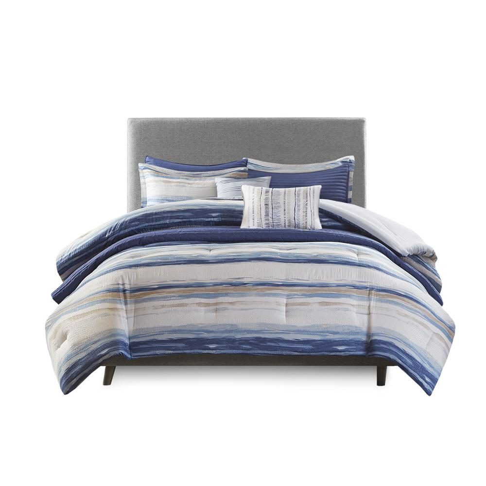 Blue & White - Chic Marina Stripe Print Seersucker Comforter Set (8 Piece) Full/Queen