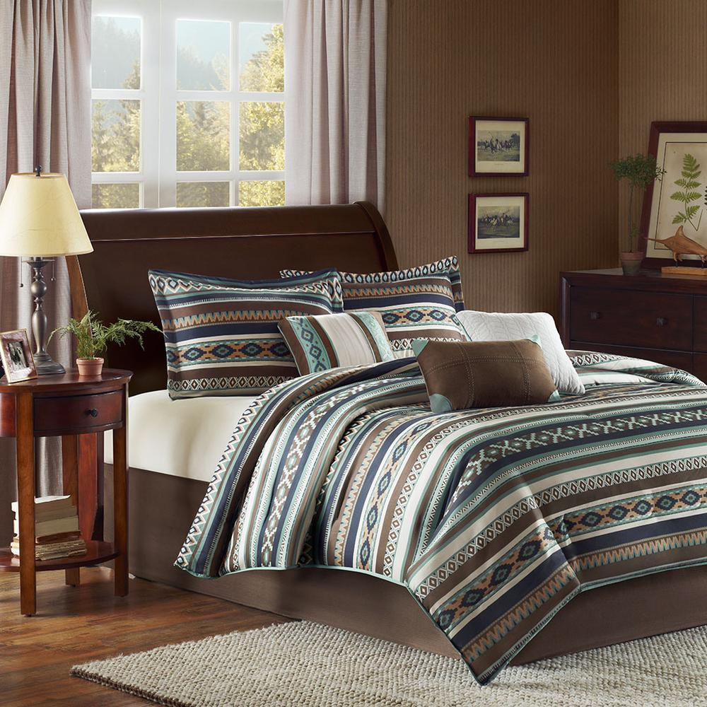 Rich Blue, Chocolate & Ivory - Lively Geometric Pattern Comforter Set (7 Piece) Queen
