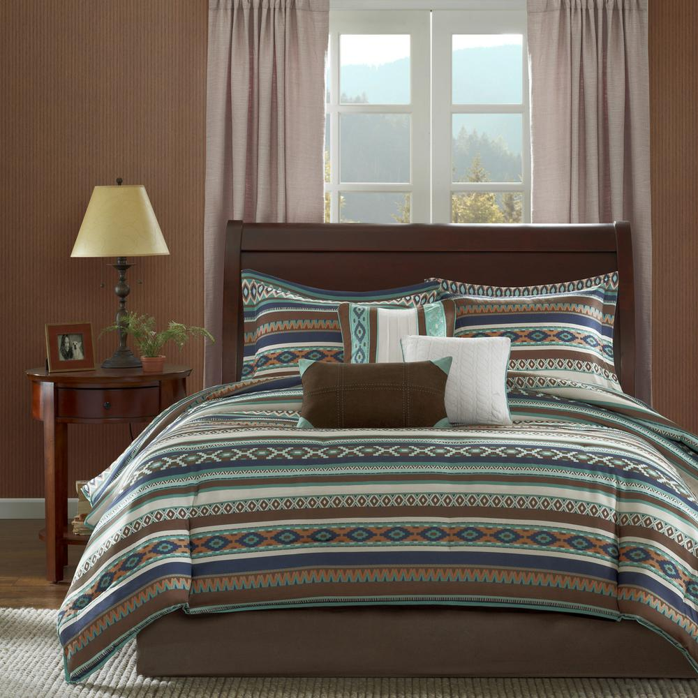 Rich Blue, Chocolate & Ivory - Lively Geometric Pattern Comforter Set (7 Piece) Queen