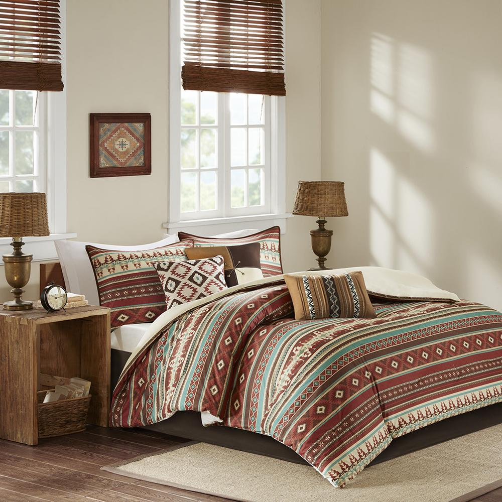 Red, Spice & Aqua - Lively Geometric Pattern Comforter Set (7 Piece) Queen