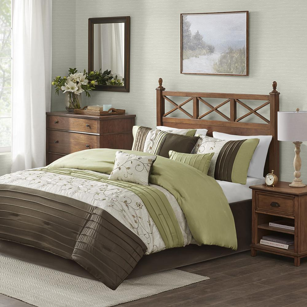 Green, Chocolate & Taupe - Serene Embroidered Comforter Set (7 Piece) Queen